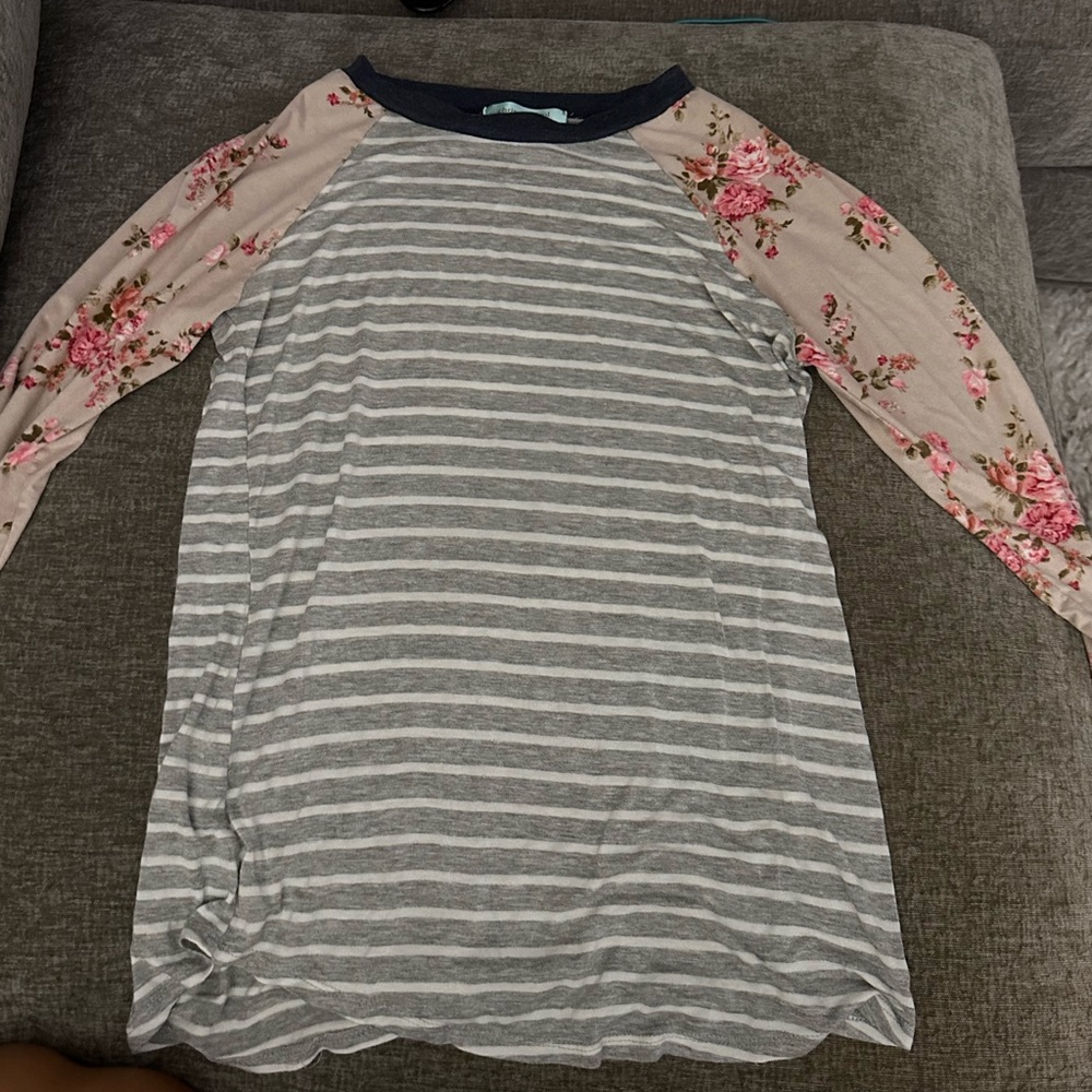 Chris & Carol Navy and Gray Striped Top with Floral Accents